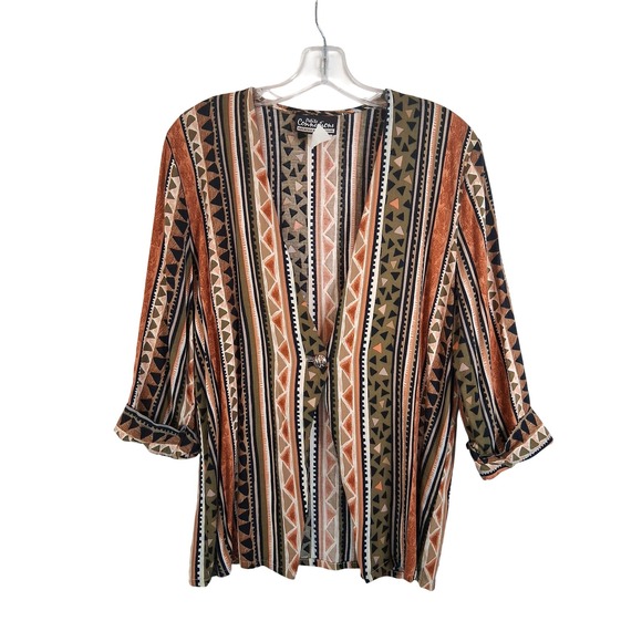 M/L Connections Vintage Striped Geometric Button Front Blouse Top Boho Hippie - Picture 1 of 16
